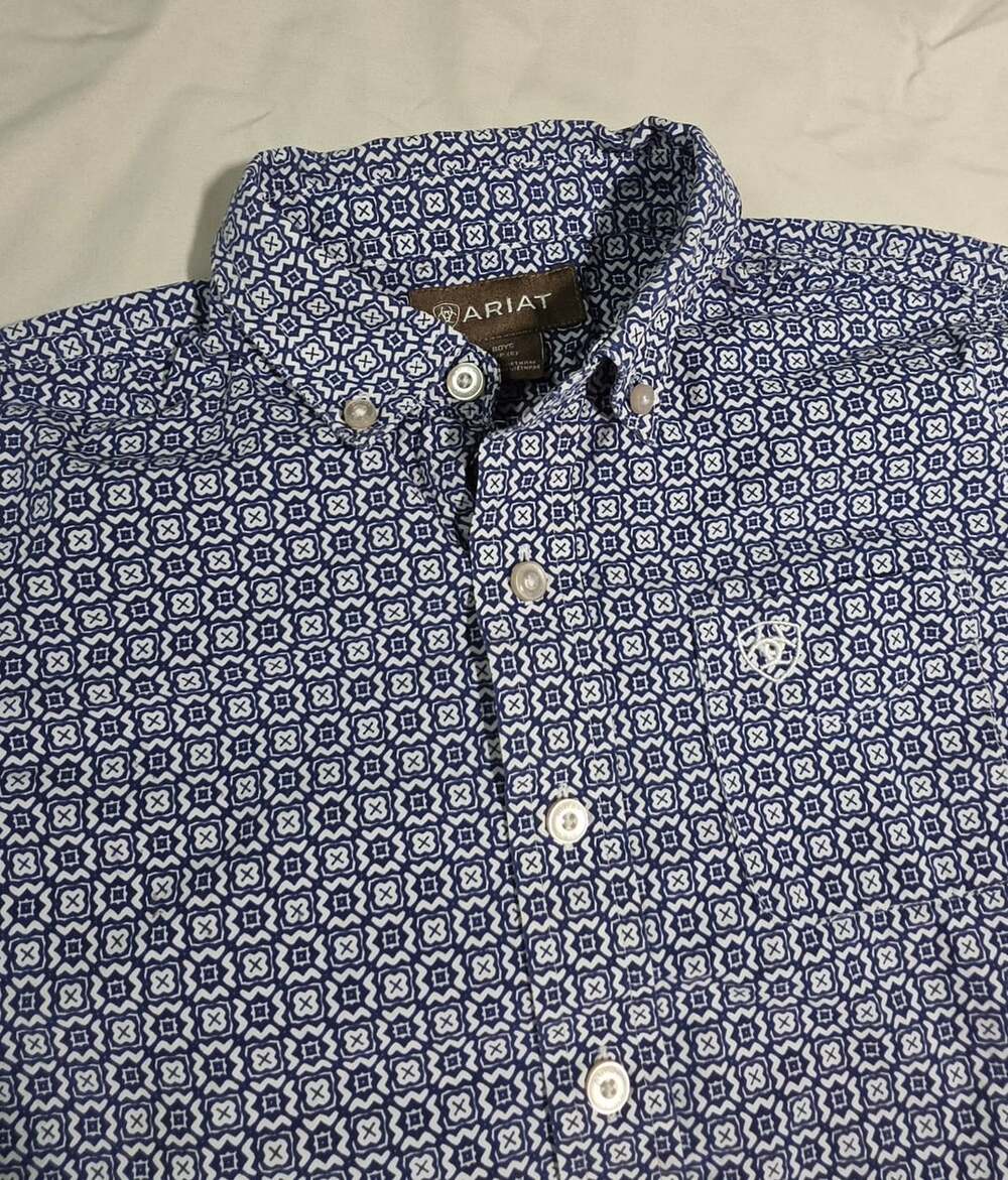 Ariat Boys Blue Geo Print Short Sleeve Button Down Shirt